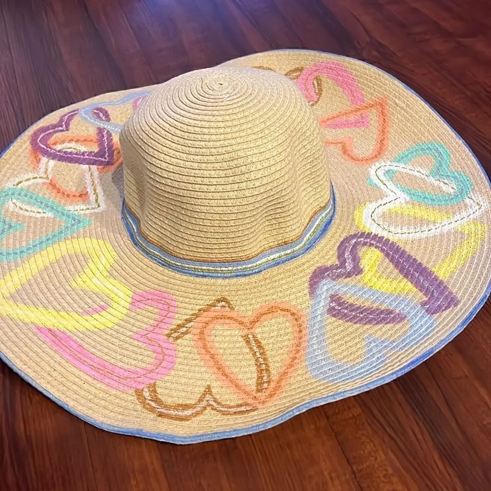 Pastel Heart Hand Painted Floppy Hat - Beige BRAND NEW